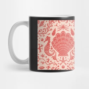 coral summer beach damask pattern with coral red seashells Mug